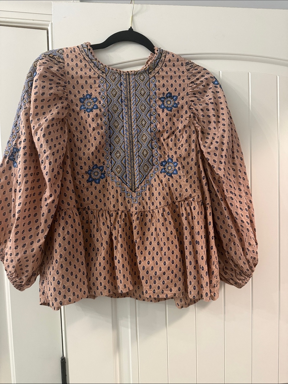 Embroidered Peasant Blouse - Pink with Blue Accents